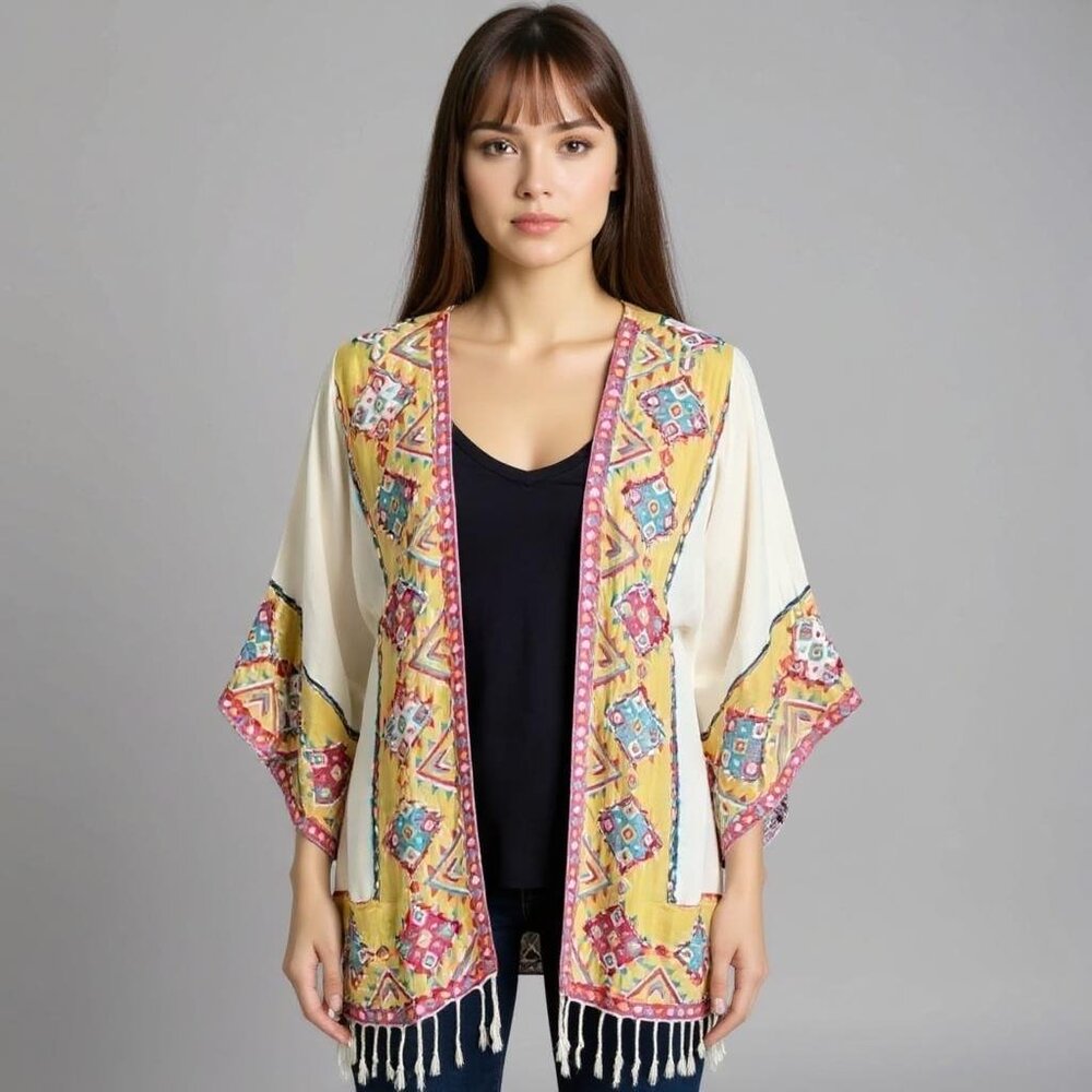 Time for Me Bohemian Aztec Print Fringed Kimono Flowy Duster Size Medium